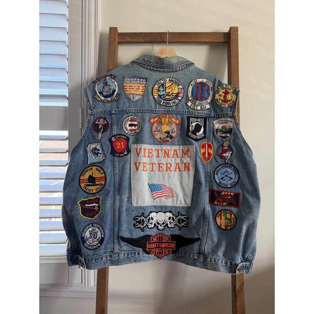 Harley Davidson Denim Biker Vest XXXL Vietnam Veteran River Rats POW MIA Patch